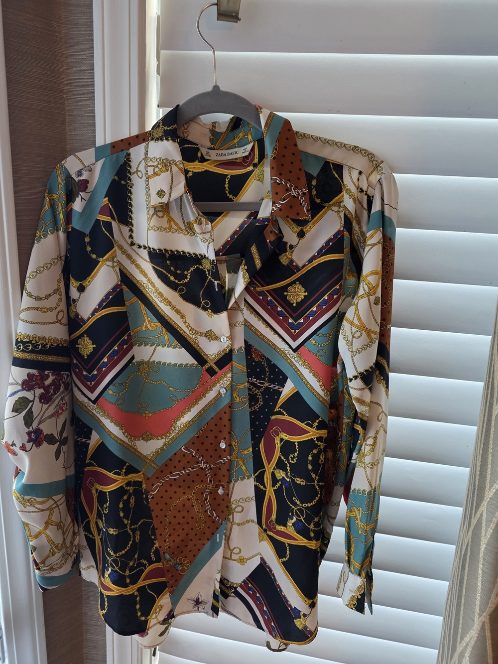 Zara Multi-Print Chain & Scarf Pattern Blouse - Teal, Black, Cream